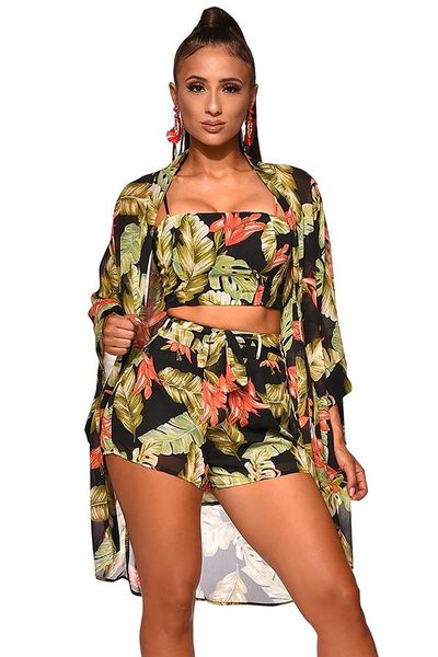 

women's tracksuits summer women boho 3pcs floral print cardigan blouse+crop shorts lady holiday beach three pieces set casual shorts, Gray