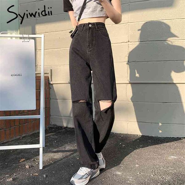 

ripped jeans for women high waisted denim pants full length straight cotton trousers black blue vintage streetwear 210607