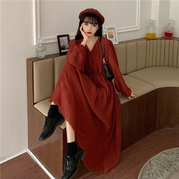 

casual dresses spring 2021 french style design niche temperament pleated chiffon women maxi dress slim-fit long sleeve fairy vintage, Black;gray