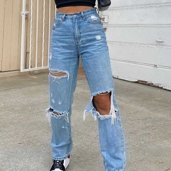 

2021 new ripped high taille retro for women mom denim femme friend losse gat jeans broek dames feminine, Blue