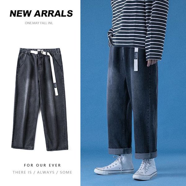 

korean belt jeans men's fashion retro casual wide-leg jeans men streetwear loose hip-hop straight denim trousers mens -2xl, Blue