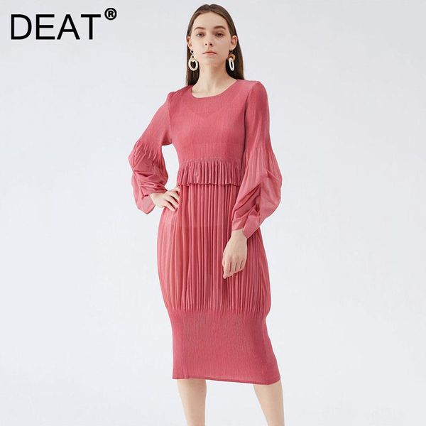 

casual dresses deat pleated dress woman pink puff sleeve elastic mermaid style slim high waist 2021 summer fashion ht990, Black;gray