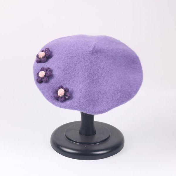 

beanies women's hat flower design children's girl's french artist winter wool beret elegant lady solid color retro hood