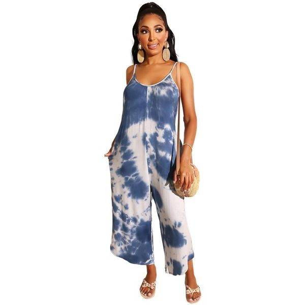 

adogirl new women strapless tie-dyed backless jumpsuit casual spaghetti print strap wide leg long pant jumpsuits t200509, Black;white
