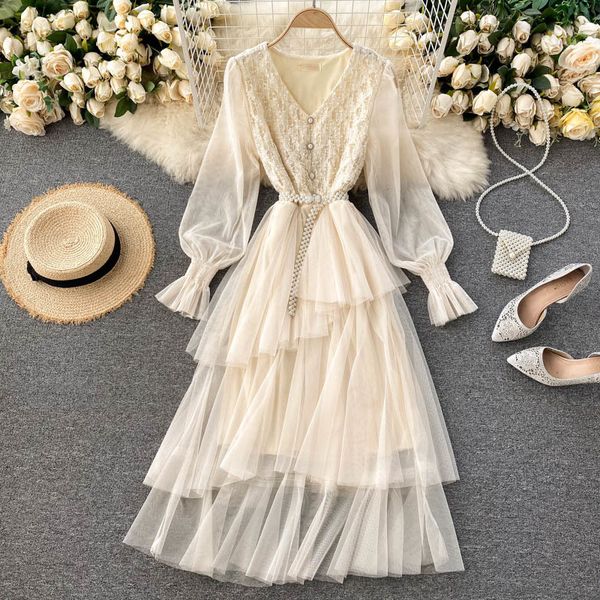 

2021 new women elegant mesh long sleeve v neck patchwork irregular lace korean ladies spring hollow out midi gann, Black;gray