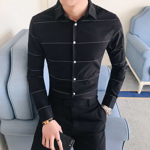 

fashion brand men business long-sleeved shirt quality slim camisa social t stripe formal casual men's shirt large size 210527, White;black