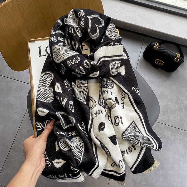 

2021 korean thickened warm air conditioning spring and autumn love double-sided cashmere scarf with women's winter shawl, Blue;gray