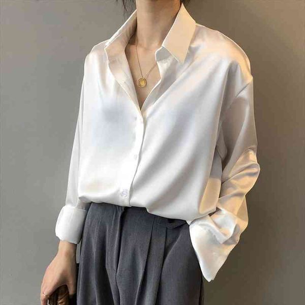 

spring button up satin silk women shirts long sleeves vintage female street, White
