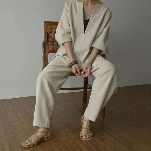 

women elegant linen two piece set vintage loose ladies suits casual solid half sleeve v-neck and high waist pants, White