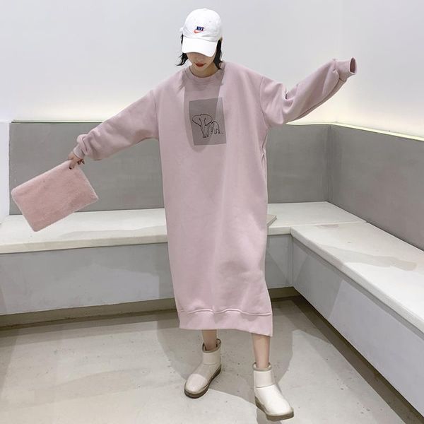 

korean sweatshirt dress women casual slit long straight dresses loose o-neck long sleeve print pink clothing lady autumn winter, Black