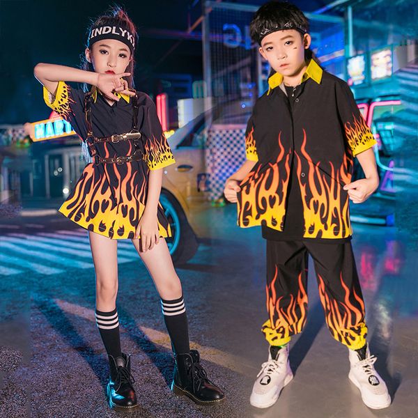 

hip hop kids boys clothes girls jazz dance costume flame print show suit black pants street dancing stage outfits vdb2246, Black;red