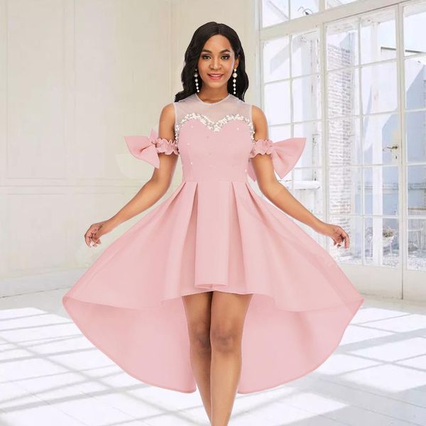 

casual dresses pink luxury beaded party dress bowtie sleeves o neck mesh patchwork knee length a line celebrity date night women, Black;gray