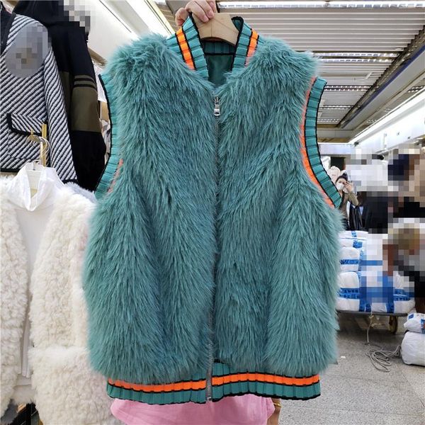 

women's vests [ewq] korea chic 2021 winter knitted contrast stitching green fur one-piece motorcycle lamb vest women thickened 16e4848, Black;white