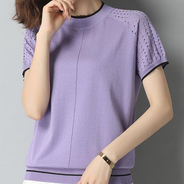 

women's blouses & shirts women short sleeve knit blouse blusas mujer de moda 2021 o-neck knitted shirt pullover e921, White