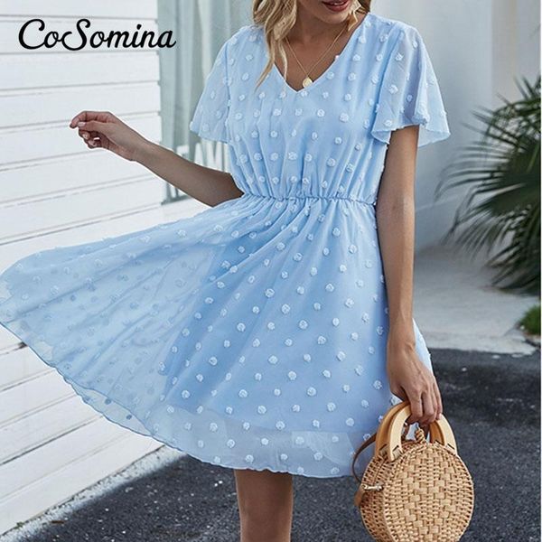 

casual dresses cosomina v-neck elastic high waist women summer dress 2021 dot flower female boho short sleeve solid ladies party, Black;gray
