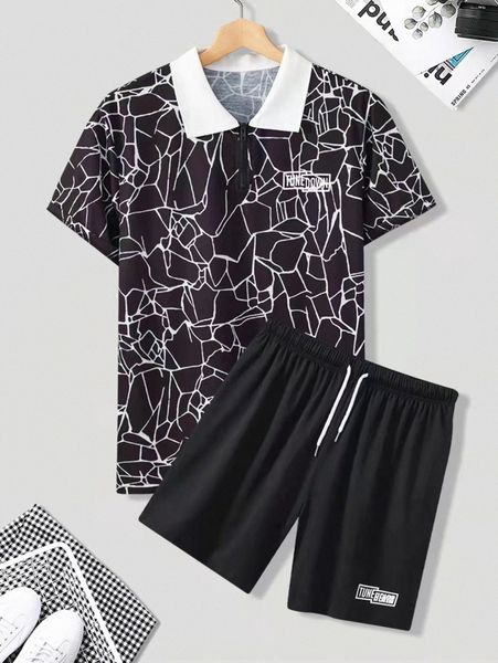 

men random geo and letter graphic polo shirt & drawstring waist shorts z4o1#, Gray
