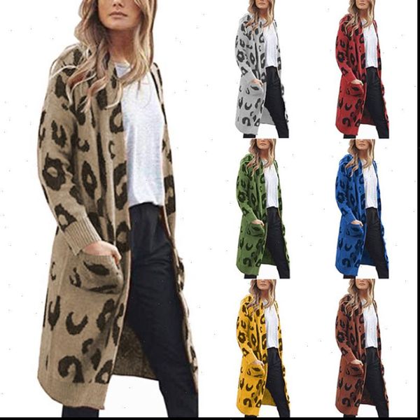 

womens leopard cardigan sweater open front warm long sleeve loose knit coat with pockets drop shipping, White;black