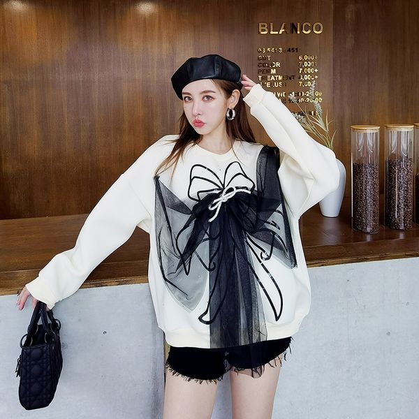 

2021 autumn new mesh bow patchwork o neck pullover casual loose all match sweatshirt women zuq1, Black