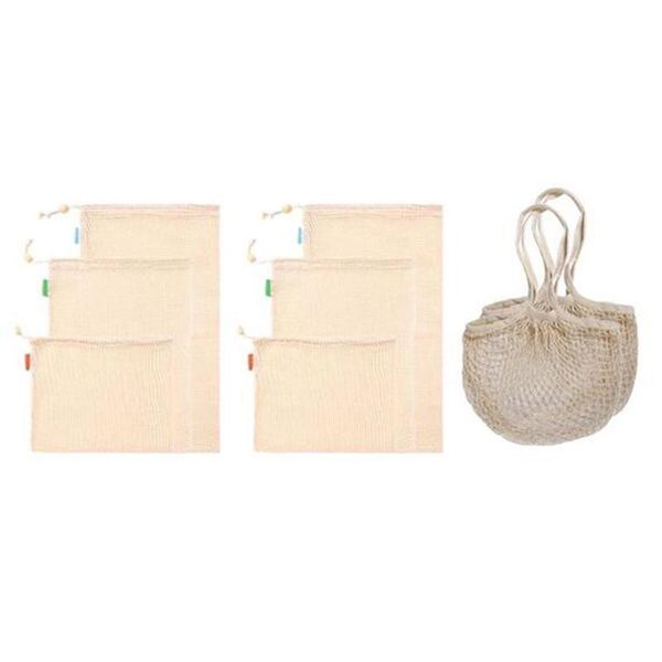 

hanging baskets foldable pocket tote bag, reusable produce bags, natural organic cotton mesh bags set of 8 for vegetable shopping & storage,