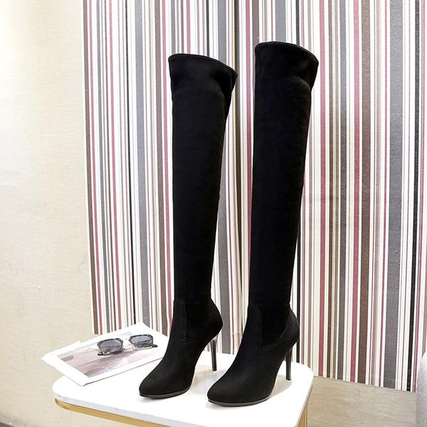 

boots women's shoes woman plus large big over the knee thin high heel party elastic botas de mujer 2021, Black