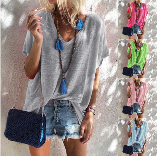 

women's 2021 summer candy large solid v-neck loose short sleeve t-shirt blouse, White