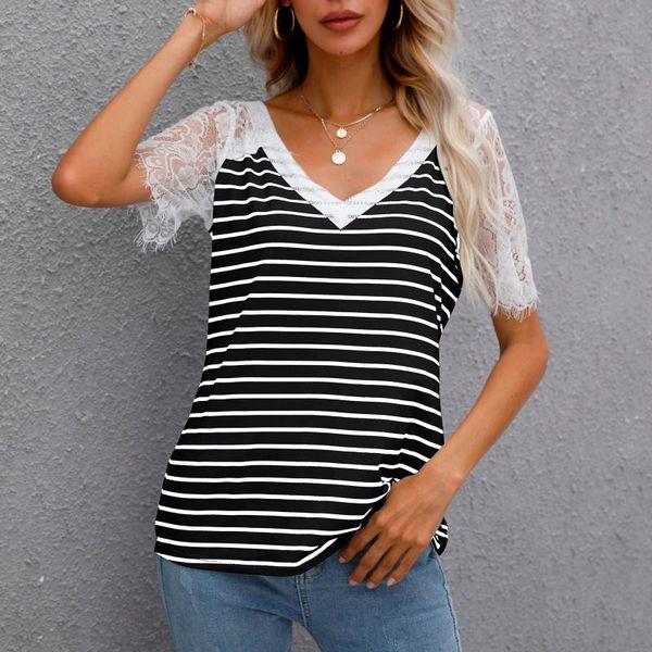 

women's blouses & shirts 40# lace splice stripe print and women v-neck short sleeve elegant blouse casual summer clothing, White