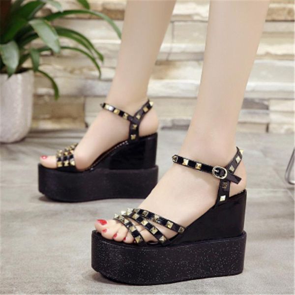 

2021 new summer 12cm woman height increasing sandals women rivet platform shoes female fashion thick bottom wedges sandals black