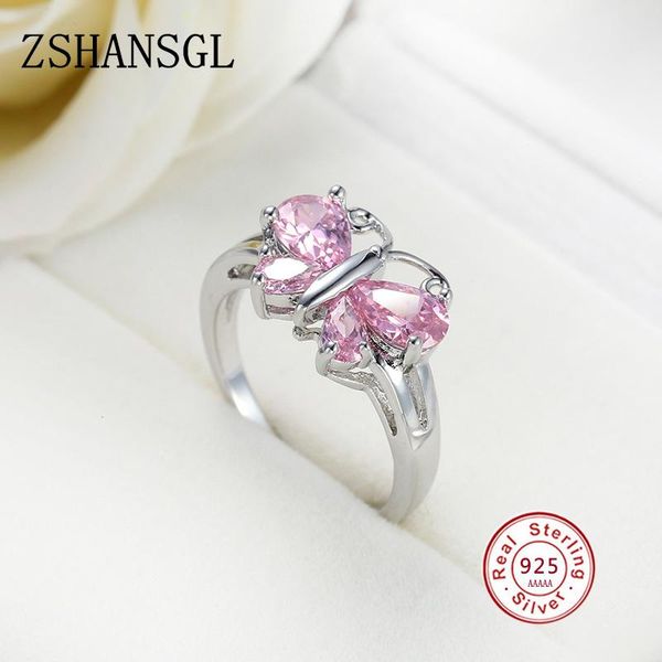 

wedding rings 100% authentic 925 sterling silver butterfly&sparkling pink cz finger ring for woman jewelry christmas gift, Slivery;golden