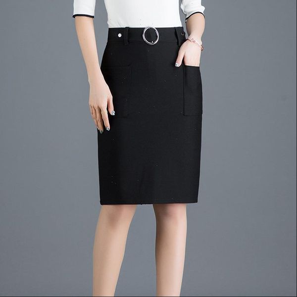 

2021 spring new arrival button ladies skirts high waist back split office skirts womens with pockets amp metal ring ing, Black