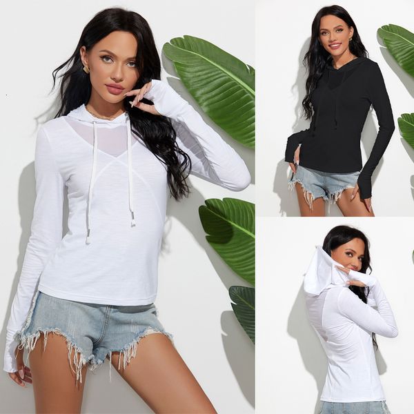 

2021 slub cotton hoodies t shirt women new arrival casual ladies thin t-shirt fashion solid slim hooded tees shirts bjck, White