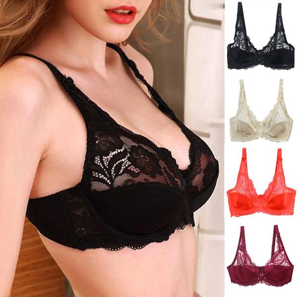 

women's plus size ultra-thin underwear bra, comfortable high-quality solid color flower bra, temptation lace bra, Red;black