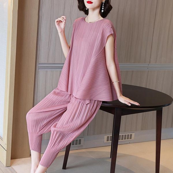 

women's two piece pants sets summer women 2021 elastic miyake pleated solid color round neck loose t-shirt + for female 45-75kg, White