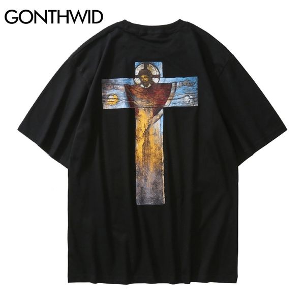 

t-shirts men streetwear hip hop cross jesus god print tshirts cotton casual loose harajuku short sleeve tees 210602, White;black