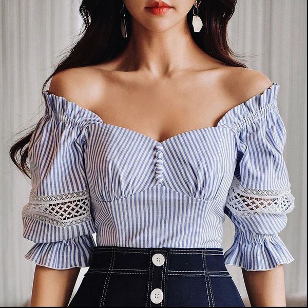 

dabuwawa blue white striped lantern sleeve shirts women square neck slim fitted and blouses office lady dt1bst003