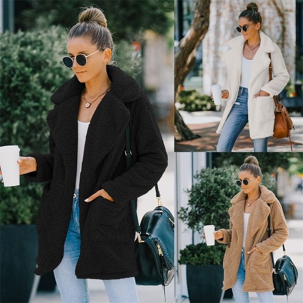 

women's wool autumn and winter long thickened cashmere coat plush casual, Black
