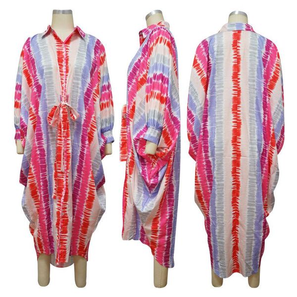 

casual dresses 2021 summer dress loose wide waist tie dyed printed cardigan striped with bandage for women, Black;gray