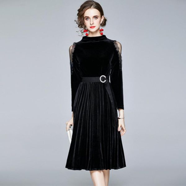 

casual dresses women bohemia vintage velvet dress 2021 autumn hollow out mesh patchwork long sleeve party lady, Black;gray