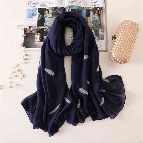 

2021 women scarf fashion embroider feather cotton winter scarves for lady shawls and wraps pashmina warm long size stoles hijab, Blue;gray