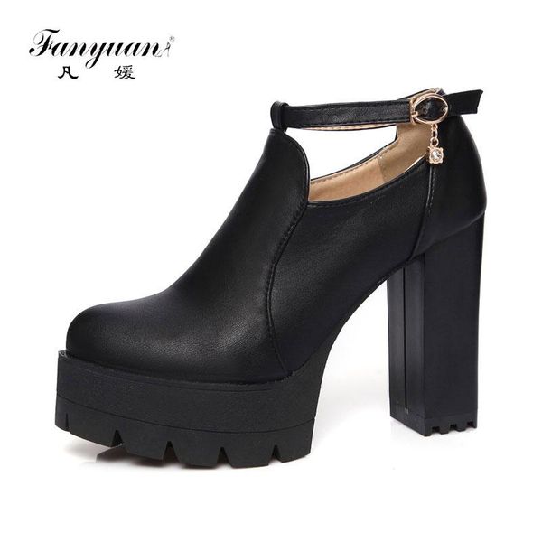 

fanyuan fashion white square super high heels autumn casual crystal buckle strap shoes black platform shoes spring leisure pump