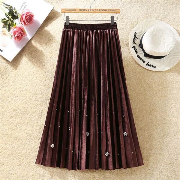 

skirts 2021 winter women pleated skirt gold velvet autumn vintage lady high waist beading a-line midi long wz581, Black