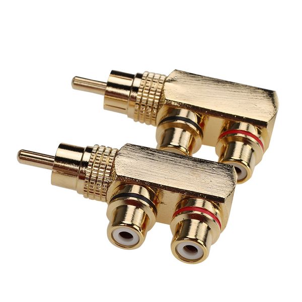 Conversor banhado a ouro RCA macho para 2RCA fêmea AV áudio vídeo divisor adaptador plugue extensor conector