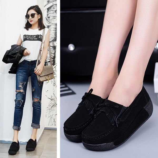 

women flats suede womens loafers creepers women shoes slip on fringe platform shoes women casual shoes ladies moccasins 56, Black;white