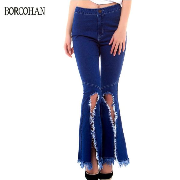 

women's jeans asymmetric tassel flared slit ripped denim pants yk10, Blue