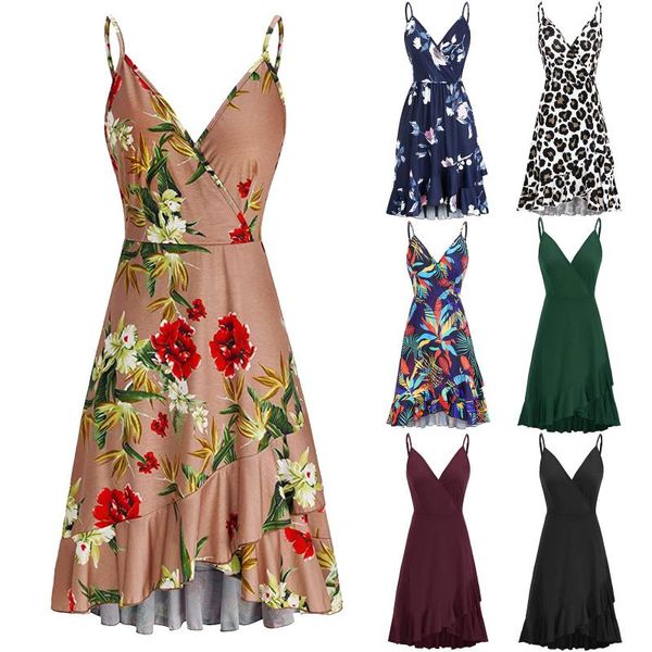 

casual dresses women summer dress floral print v-neck sleeveless sling high waist ruffle a-line bohemian beach vacation, Black;gray