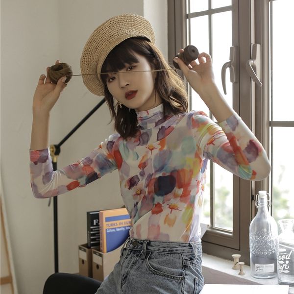 

2021 new turtle neck mesh long sleeve designer t for women brand tee shirt tie dye print fashion clothing vg96, White