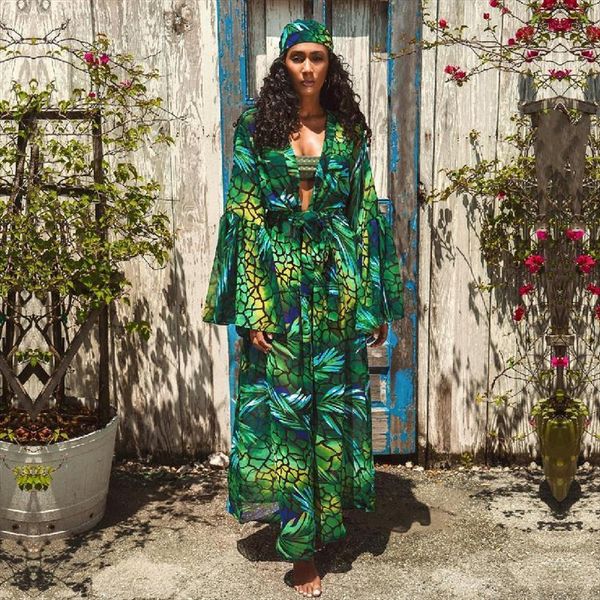 

boho floral printed women dress flare sleeve self belted front open summer wrap beach wear plus size long kimono, Black;gray