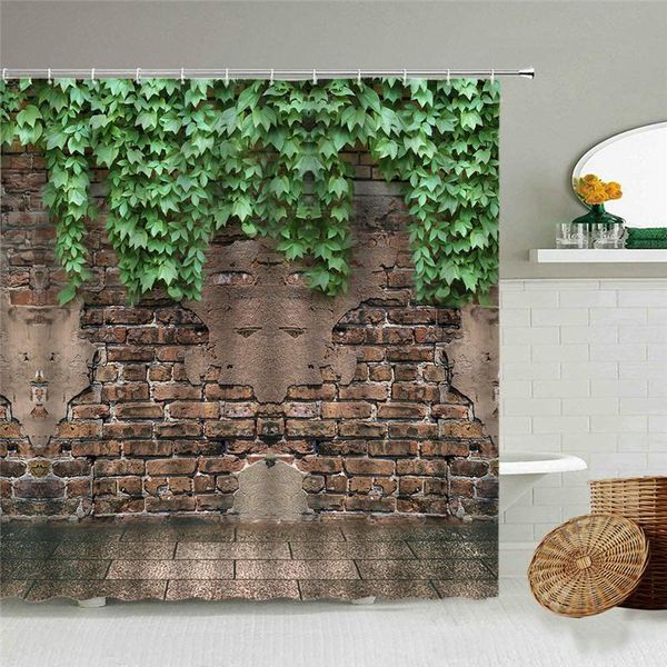 

shower curtains green ivy old stone wall curtain garden potted flower plants bathroom waterproof pography background screen with hook