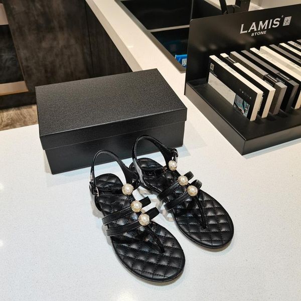 

sandals for women 2021 summer fashion flip-flop toe fairy style pearl flat beach roman shoe genuine leather shoes, Black