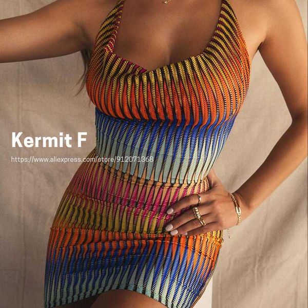 

casual dresses [kermit f] summer fashion backless strap hanging neck slim body wrap hip print colorful women's, Black;gray