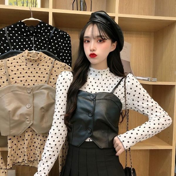 

women's t-shirt spring polka dot slim long sleeve t-shirts and solid leather spaghetti strap two-piece clothing ins hipster, White